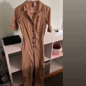 tan jumpsuit/ romper with buttons & short sleeves size 0